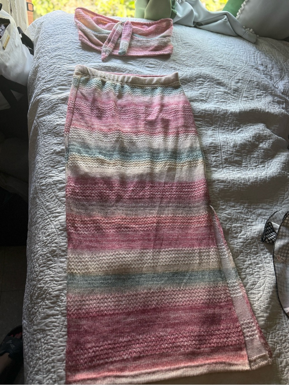 Striped Pastel Knit Maxi Skirt set  - Pink Multicolor